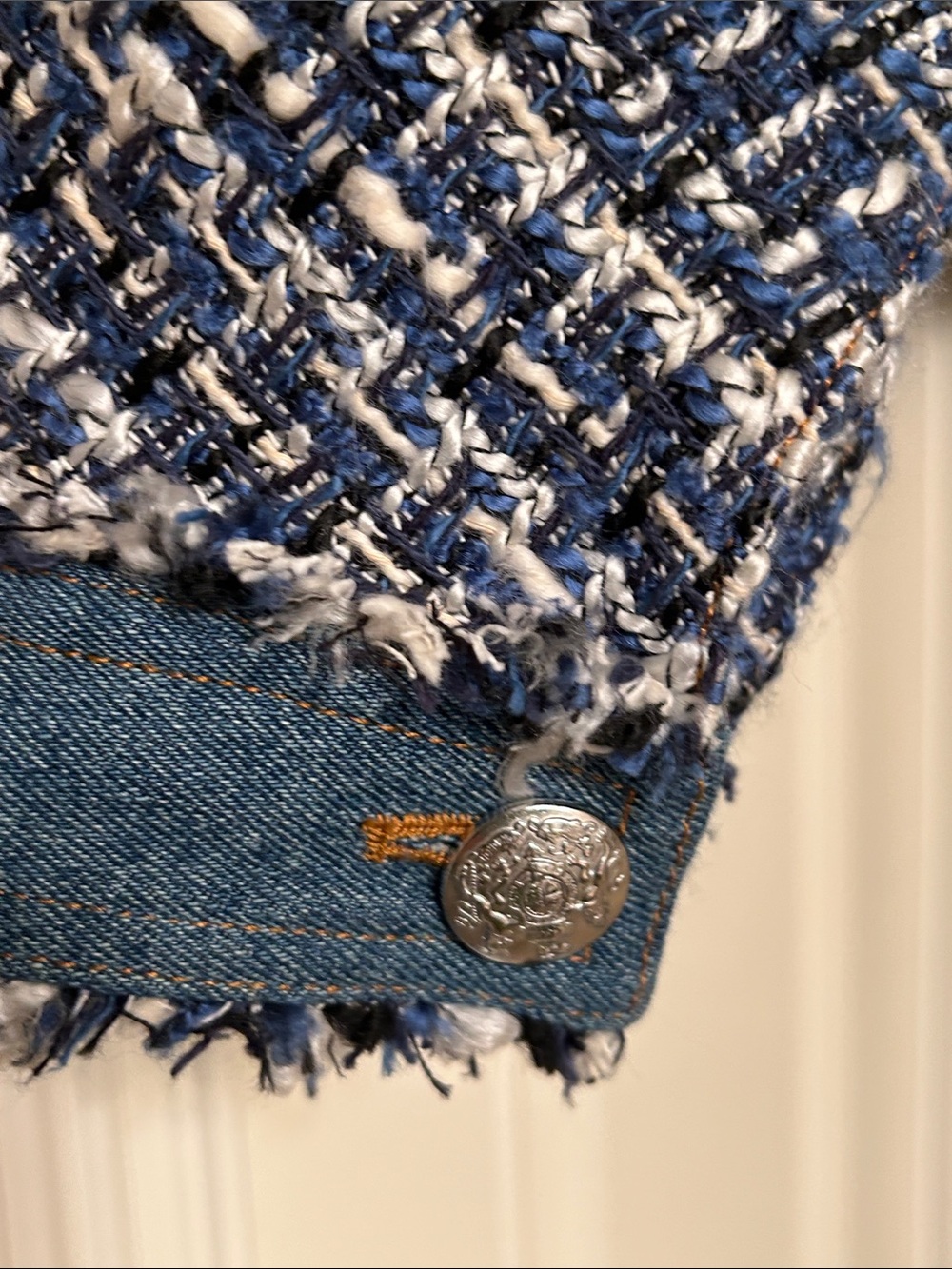 Veronica Beard Blue Tweed and Denim Fringed Jacket EUC Sz 12 - Picture 5 of 9